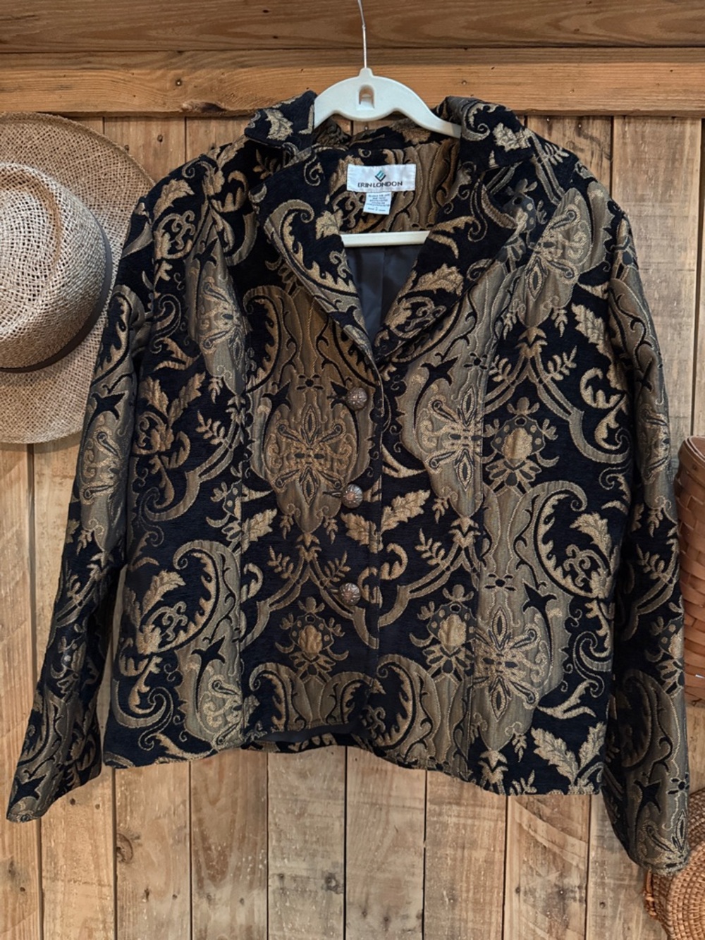 Vintage Erin London Black and Gold Brocade Notched Collar Tapestry Blazer